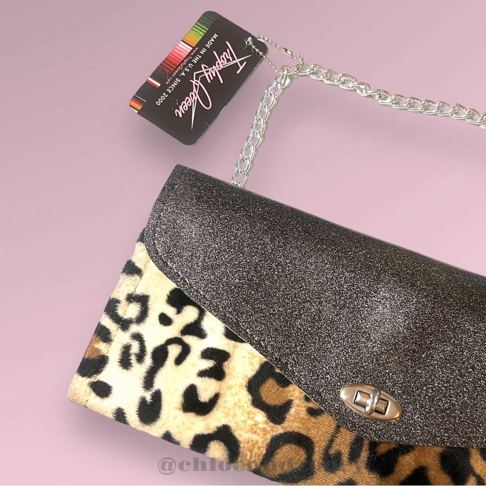 Y2K VINTAGE NWT Trophy Queen Gunmetal Gray Glitter / Leopard Clutch 🍒 RARE Pinup